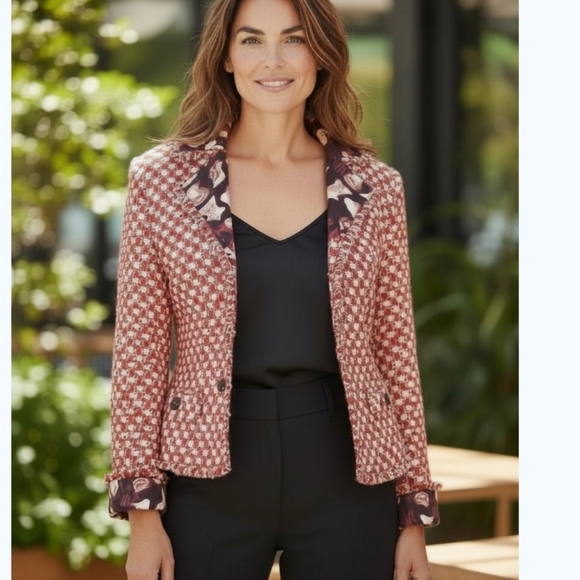 ESCADA 8 TWEED COTTON SILK BLEND BOUCLE METALLIC EYELASH RED WHITE BLACK  JACKET - Picture 2 of 16